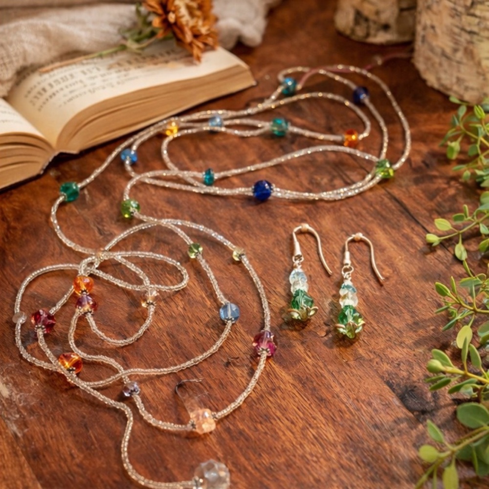 Artisan Beaded Necklace & Earring Set Long 31” Multicolor Glass Boho